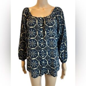 John Robshaw Women's Navy Floral Button-Front Peasant Top size M